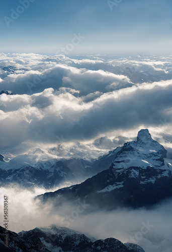 Winter mountains covered with clouds. AI 