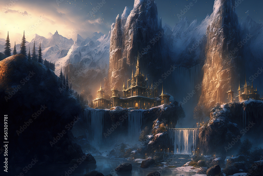 Fantasy castle and waterfall in the mountains. Ancient fairy tale elves city. AI - obrazy, fototapety, plakaty 