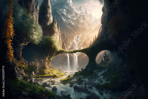 Fantasy castle and waterfall in the mountains. Ancient fairy tale elves city. AI