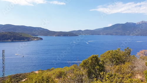 Seascape of Elba island with blue sea and hills. Panorama of the nature of the island of Elba.
