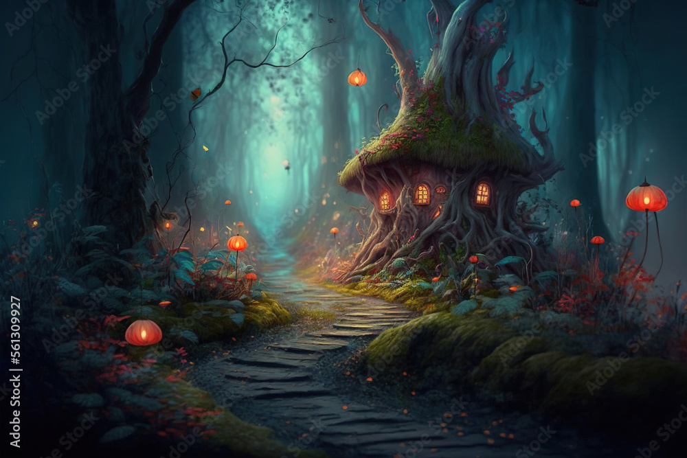 Fantasy fairy forest. House in a tree. AI	