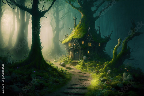 Fantasy fairy forest. Enchanted little house. AI 