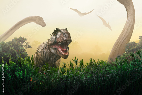 Ancient dinosaurs in a forest woodland