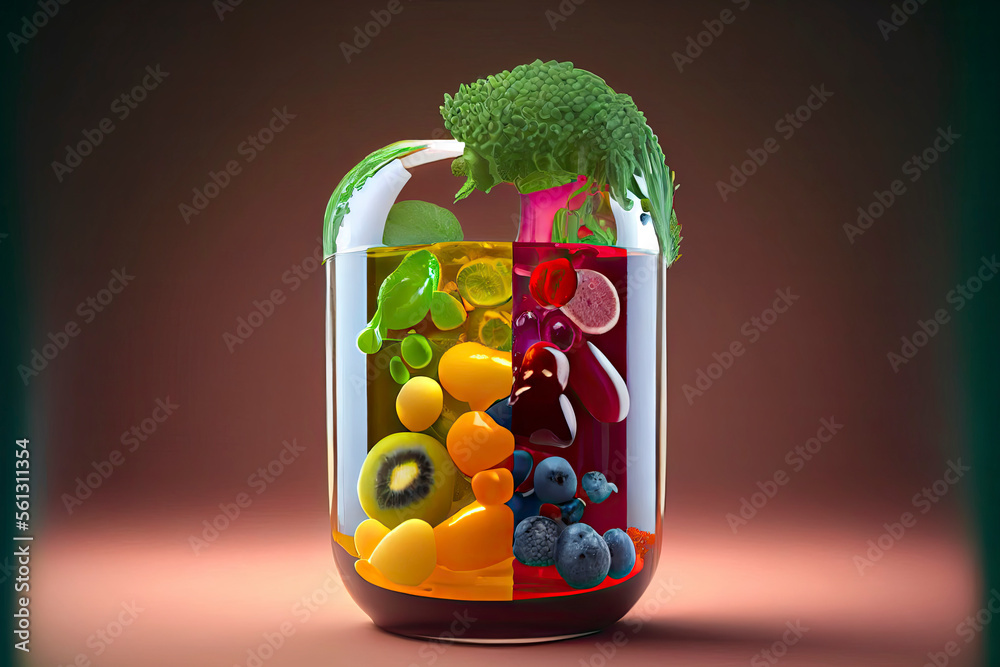Obraz premium Natural juice vitamin dietary detox drink as a liquid drop with fruit vegetables