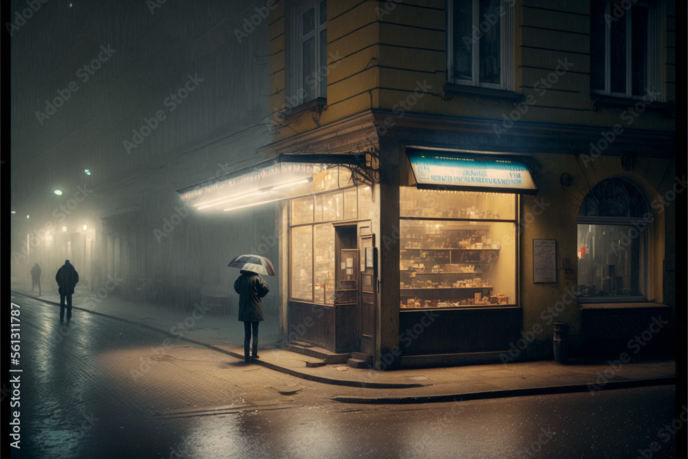 Cinematic Scene of 1989 Berlin view of the outside of a shop foggy evening generated by Ai Technology