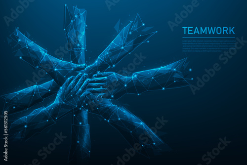 holding hand teamwork technology on blue dark background. people friendship support to success. consist of lines, dots and triangle. vector illustration in fantastic digital design.