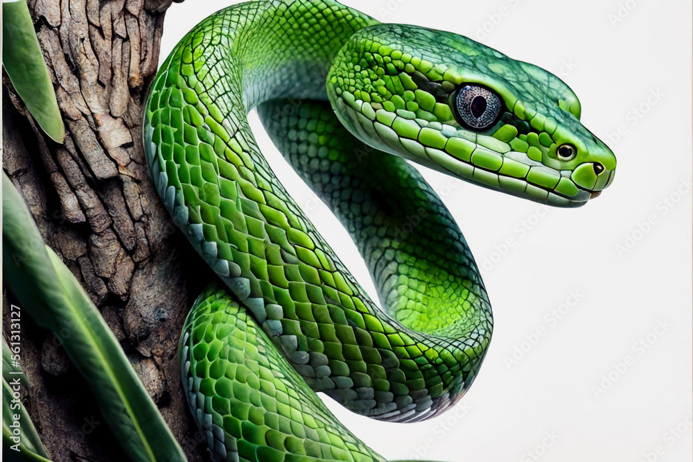 Green tree snake isolated on white background created with Generative AI technology Green tree snake isolated on white background created with Generative AI technology