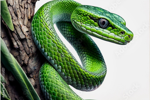 Green tree snake isolated on white background created with Generative AI technology