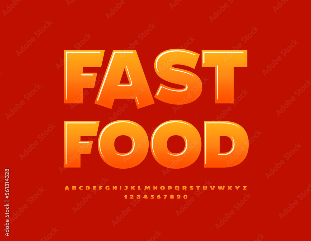 Vector artistic Sign Fast Food. Orange Glossy Font. Creative Alphabet Letters and Numbers Vector artistic Sign Fast Food. Orange Glossy Font. Creative Alphabet Letters and Numbers