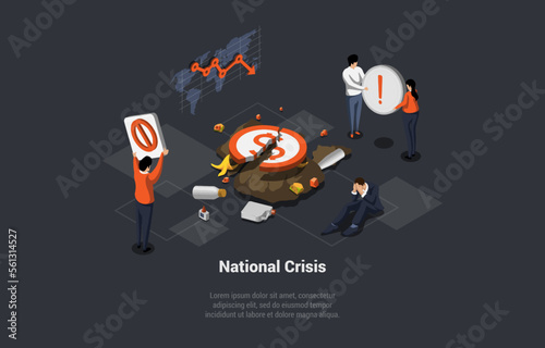 Concept Of National, Financial Crisis, Recession, Inflation, Devaluation, CBDC Integration. People Protesting Against Price Increases And Employees Reduction. Isometric Cartoon 3D Vector illustration