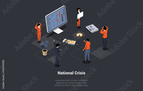 Concept Of National, Financial Crisis, Recession, Inflation, Devaluation, CBDC Integration. Characters Protesting Against Price Increases And Employees Reduction. Isometric 3D Vector illustration