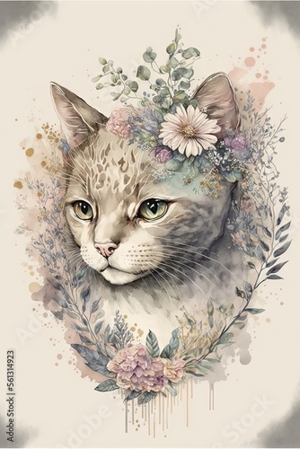 chat pastel aquarelle, tons sourds, fleurs partout photo
