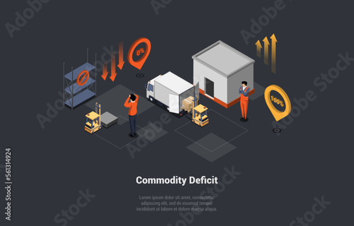Global World Crisis And Commodity Deficit. Oversupply of Goods On Market as a Consequence of Economic Crisis. Decline, People Suffering in Economic Downfall. Isometric 3d Cartoon Vector Illustration