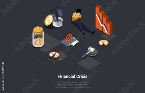 Concept Of Global World Financial Crisis. Unemployment, Collapsed World Market and Economic Crisis, Devaluation, Inflation. Downfall, Inflation, Stock market Crash. Isometric 3d Vector Illustration