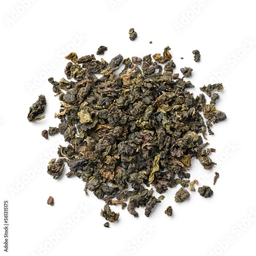 Heap of Chinese Ti Kuan Yin dried tea leaves close up isolated  on white background photo