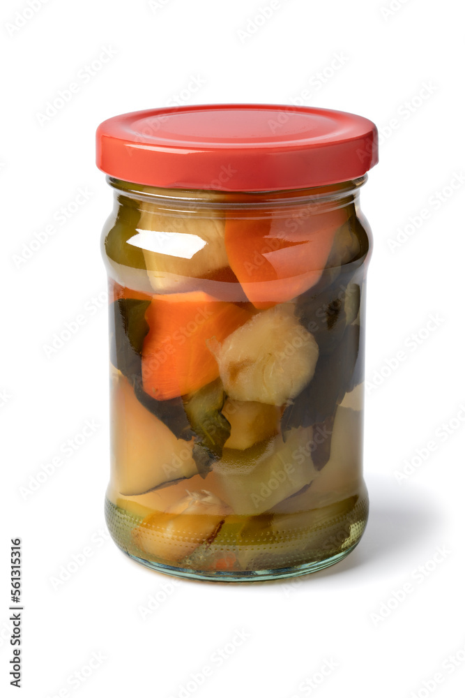 Glass jar with Asian mixed pickled ginger and vegetables close up isolated on white background Glass jar with Asian mixed pickled ginger and vegetables close up isolated on white background