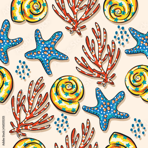 Beautiful seashells, corals and starfishes Seamless pattern