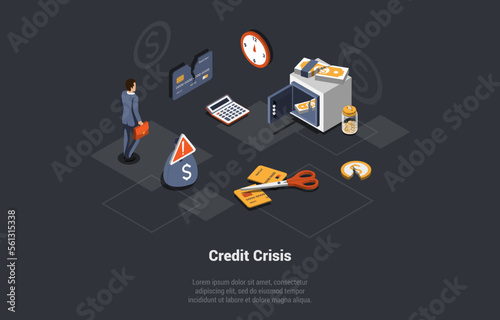 Credit Crisis And Global World Financial Collapse. Forced Increase in Interest Rates, Customers Insolvency. World Economy Crash, Investment Failure and Budget Cut. Isometric 3d Vector Illustration