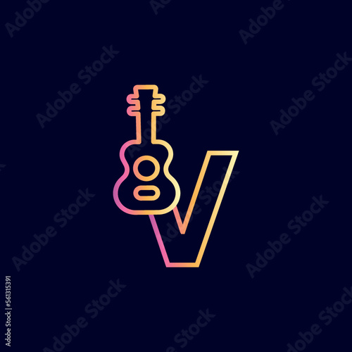 guitar music logo design brand letter v