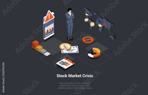 World Financial Crash, Stock Market Crisis Concept. Shocked Trader Has Got Margin Call, Unsuccessful Investment In Risky Assets. Failure, Loss of Money, Bankruptcy. Isometric 3d Vector Illustration