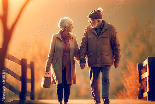 手をつないで歩く老夫婦のイラスト（Generative AI）