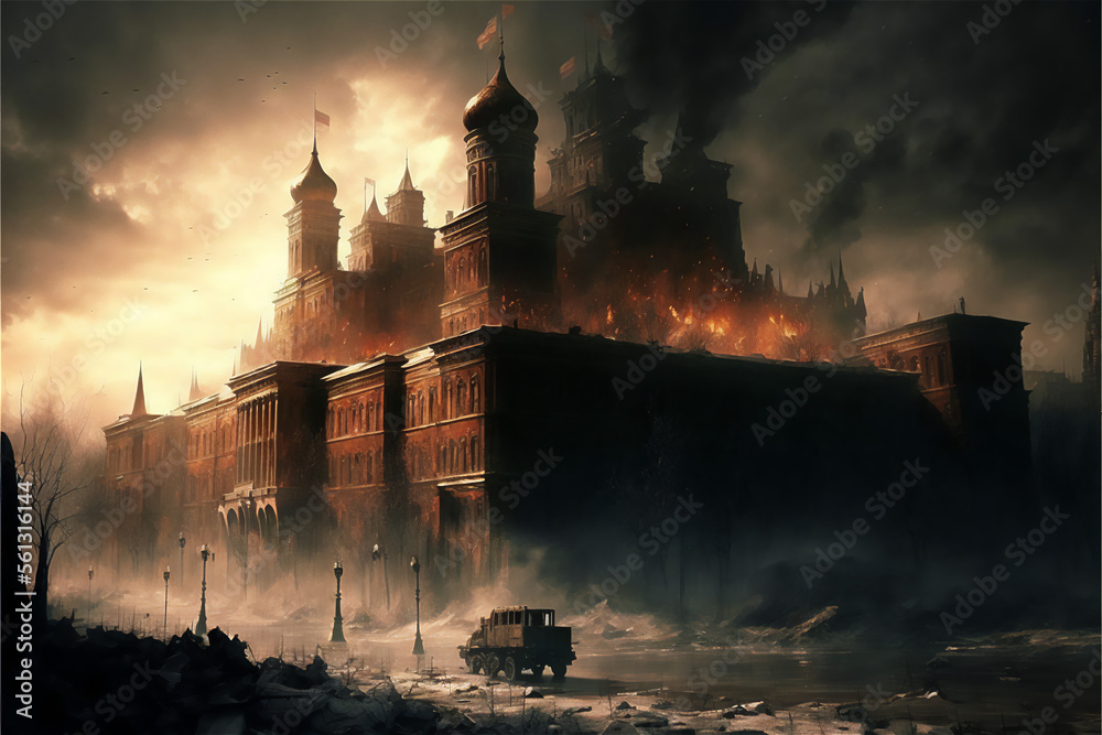 Dark times in apocalyptic war-torn Russia. Kremlin towers in Moscow on fire. 