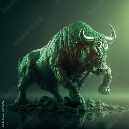 Green Crypto Bull on dark background, soft light, detalised. Generative AI 