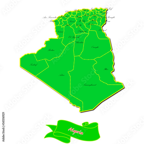 Vector map of Algeria with subregions in green country name in red photo