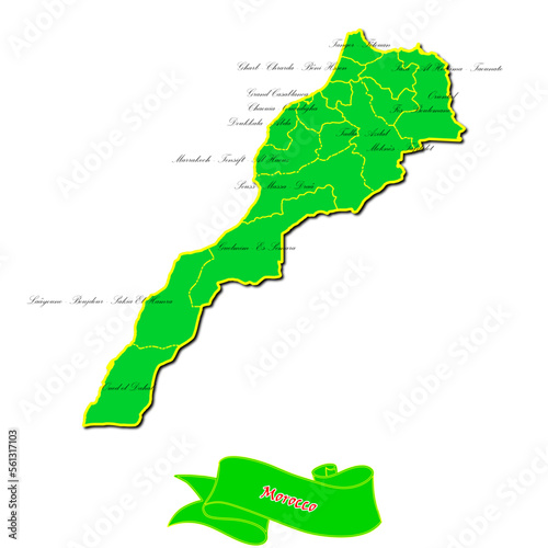 Vector map of Morocco with subregions in green country name in red photo