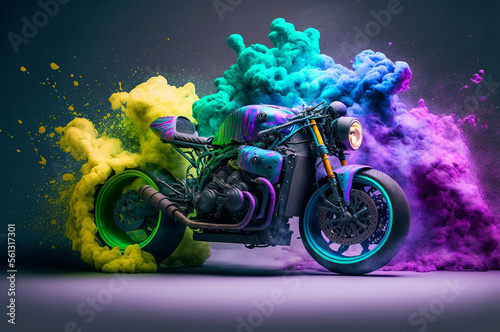 Abstract Colorful motorcycle. CafeRacer. CafeFighter. Smokey tyres. Created by Generative AI. photo
