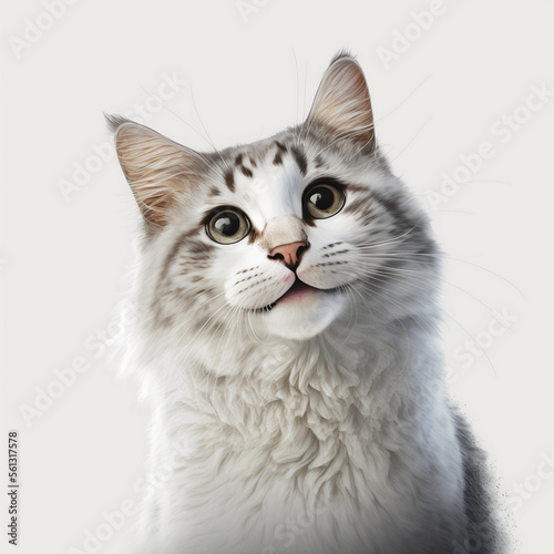 Fröhliche flauschige weiße Katze weißer Hintergrund Generativ KI
