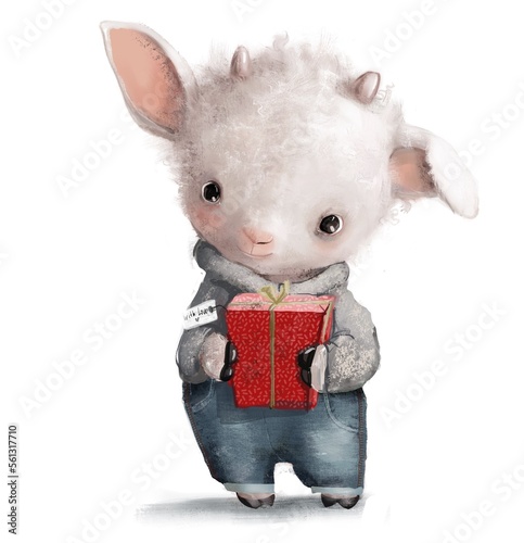 cute little goat character with red present box