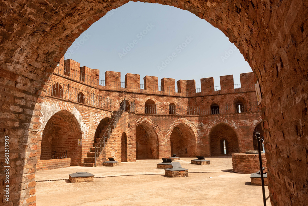 Alanya, Turkey. April 7th 2021.Interior view of the Kizi Kule or Red Tower battlements and historic ancient castle walls, Alanya Harbour, on the Turkish Mediterranean, Turkey