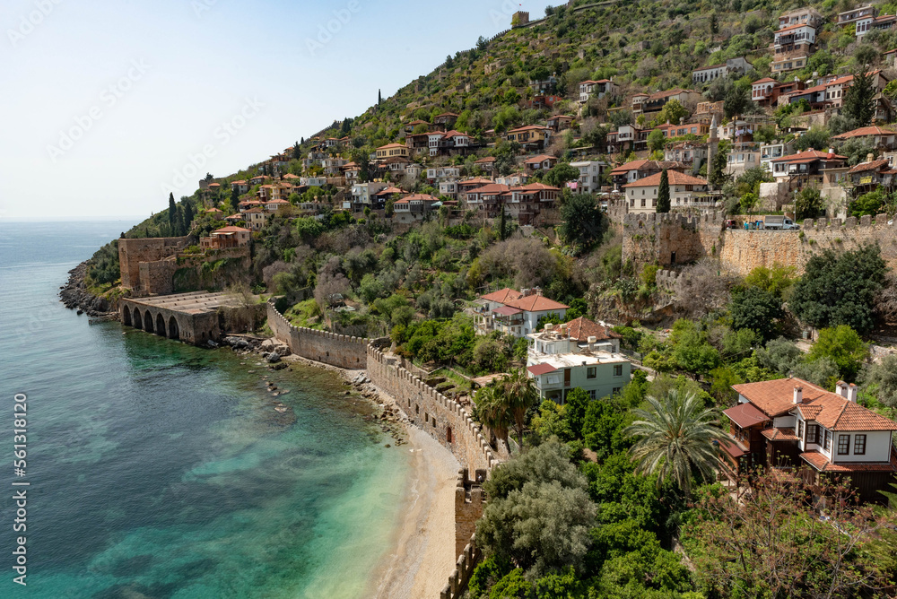 Alanya, Turkey. April 7th 2021.Beautiful view of Alanya peninsular and the old Shipyard and castle walls from the harbour