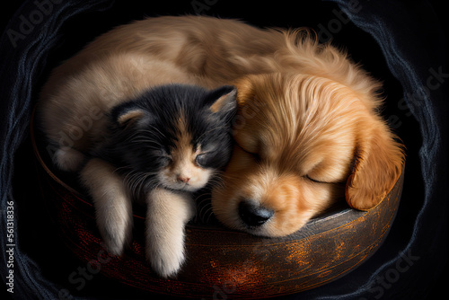 Puppy and kitten sleeping together, dog and cat, peace, Generative AI