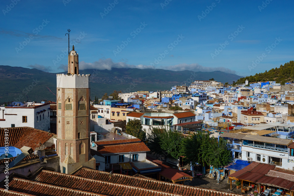 Morocco. Chefchaouen. The minaret of the Grand Mosque of Chefchaouen