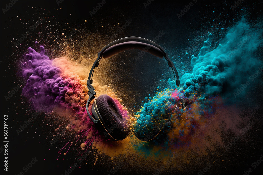 Headphone and  vivid color powder. Creative music and festival concept. Generative Ai.  - obrazy, fototapety, plakaty 