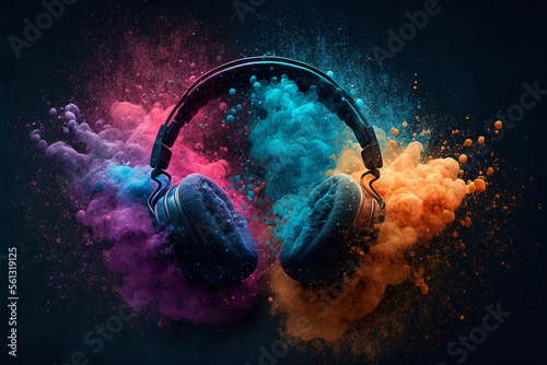 Headphone and  vivid color powder. Creative music and festival concept. Generative Ai.  photo