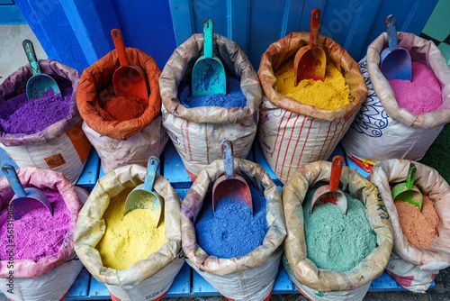 North Africa. Morocco. Chefchaouen. Powdered pigments in bags © BTWImages