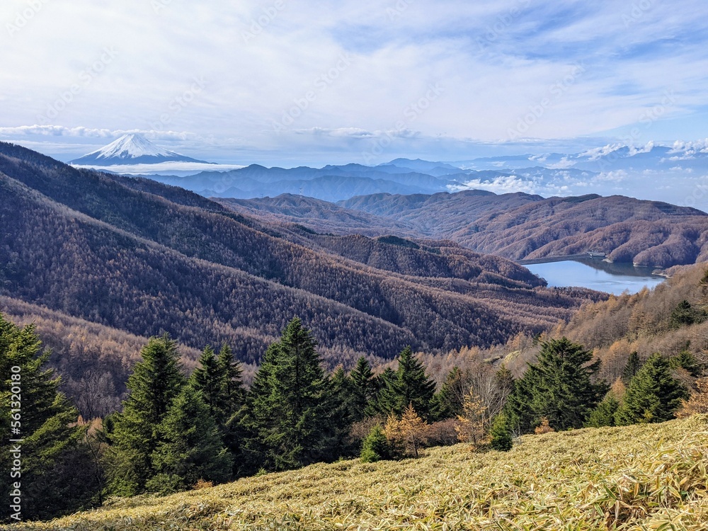 Naklejka premium View from around Daibosatsu Pass where Mt. Fuji can be seen in November. Koshu City, Yamanashi Prefecture, Japan