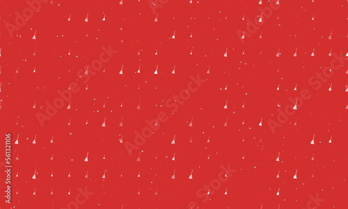 Seamless background pattern of evenly spaced white broom symbols of different sizes and opacity. Vector illustration on red background with stars