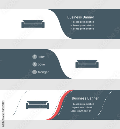 Set of blue grey banner, horizontal business banner templates. Banners with template for text and sofa symbol. Classic and modern style. Vector illustration on grey background