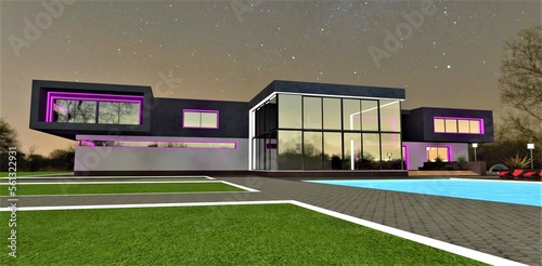 Illumination of contemporary suburban home in purple and white. Stunning pool with blue water in front of the building. Amazing starry night. 3d rendering.