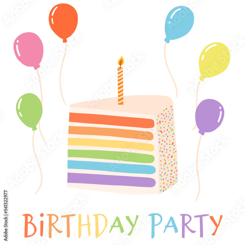 Rainbow birthday cake with candle and balloons in cartoon flat style. Hand drawn vector illustration of sweet dessert, design elements for card, invitation