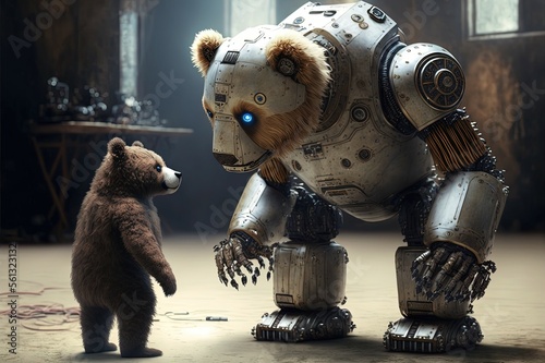 Fototapeta Naklejka Na Ścianę i Meble -  Futuristic robot bear and real bear, mechanical robot animal versus live animal, generative ai, electronic animal, robot bear meets live bear