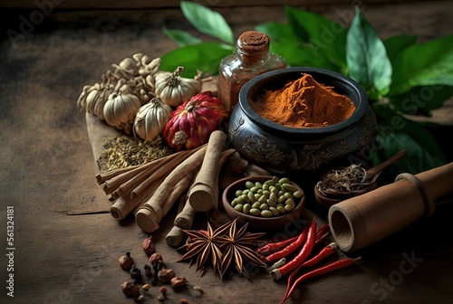close-up variety of spices, dust or grain in bottle and in bowl , culinary ingredients on wooden table in artistic position, herbal ground powder, © QuietWord