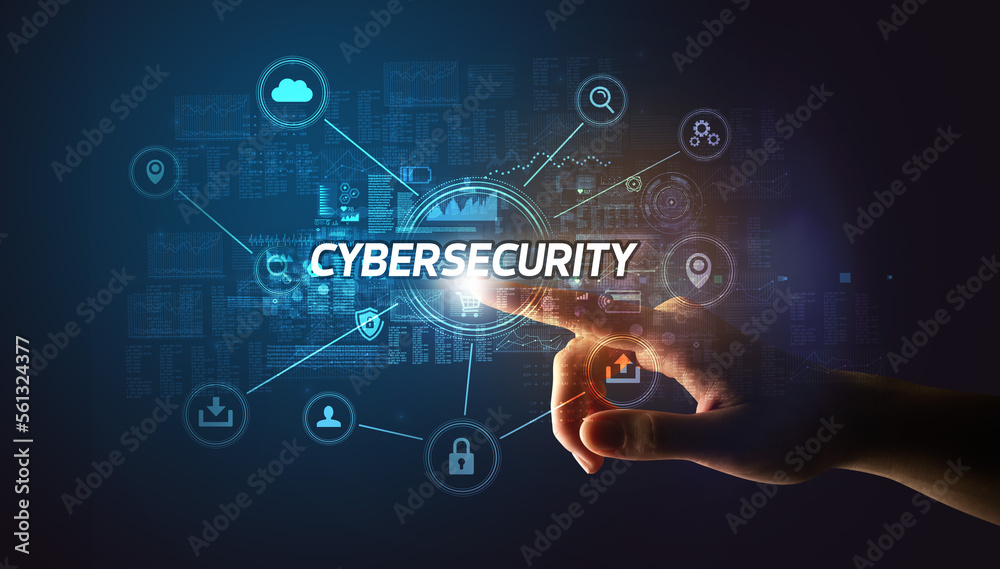 Hand touching cybersecurity button concept Hand touching cybersecurity button concept