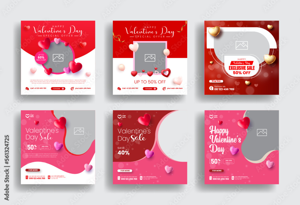 Editable Valentine's day social media post banners template set with realistic 3d heart love shape design and  promotional ads content or web banner design