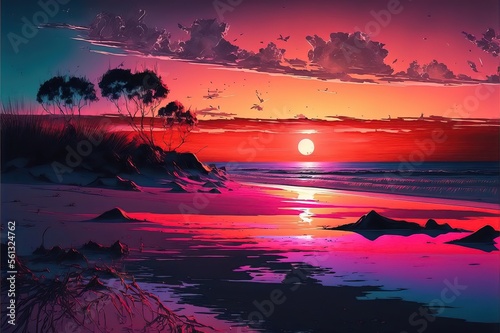 Colorful illustration of sunset in the beach. Genrative AI © CREATIVE STOCK