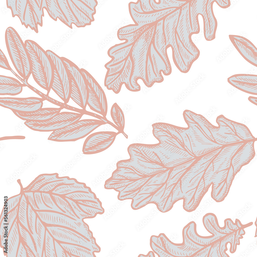 Seamless pattern autumn leaves. Oak and ashberry leaves background. Repeated engraving design texture for printing, fabric, wrapping paper, fashion, interior, wallpaper, tissue. Vector illustration.